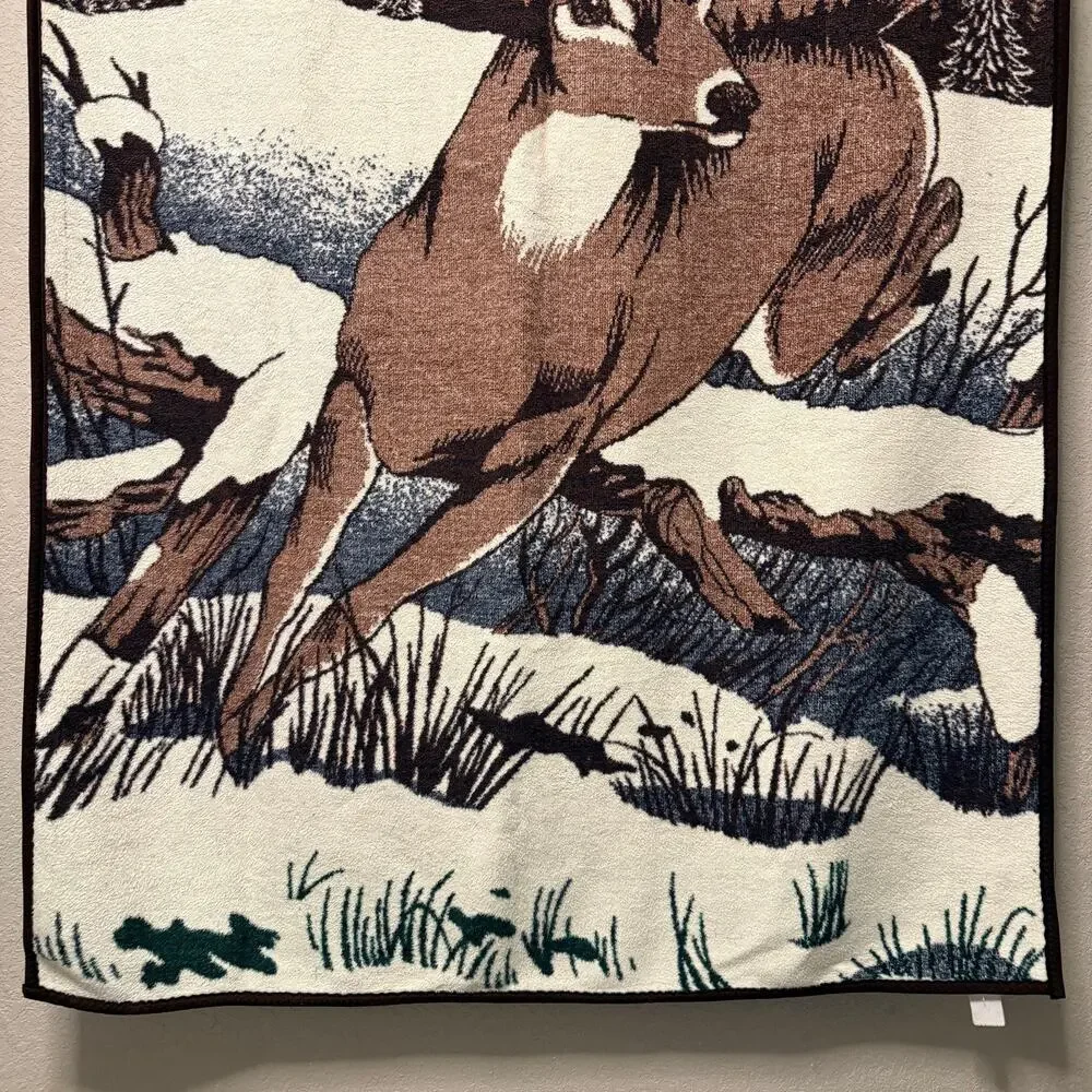 Vtg Biederlack Deer running in snow throw blanket - brown white log cabin 80x52